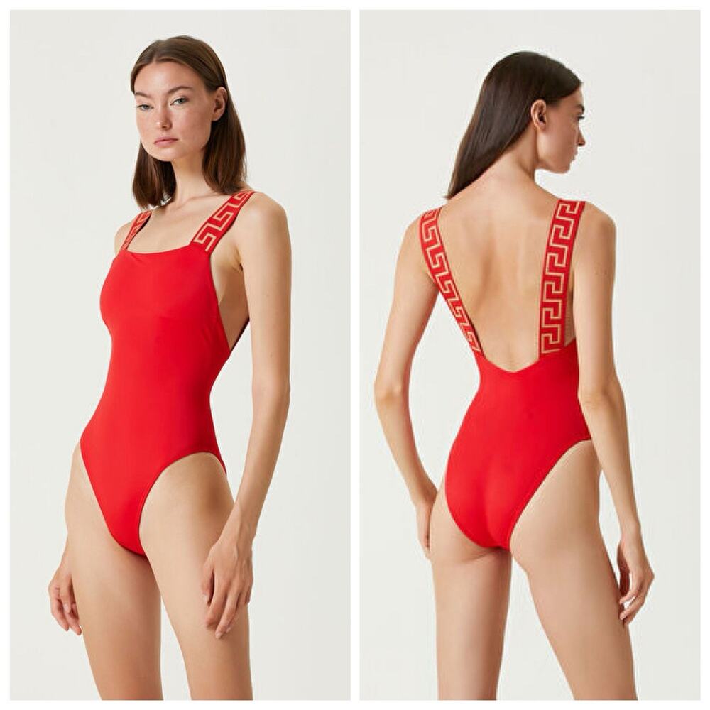 NWT Versace Greca Strap One Piece Swimsuit Size 1 / XS Red Gold $425 - Picture 4 of 10